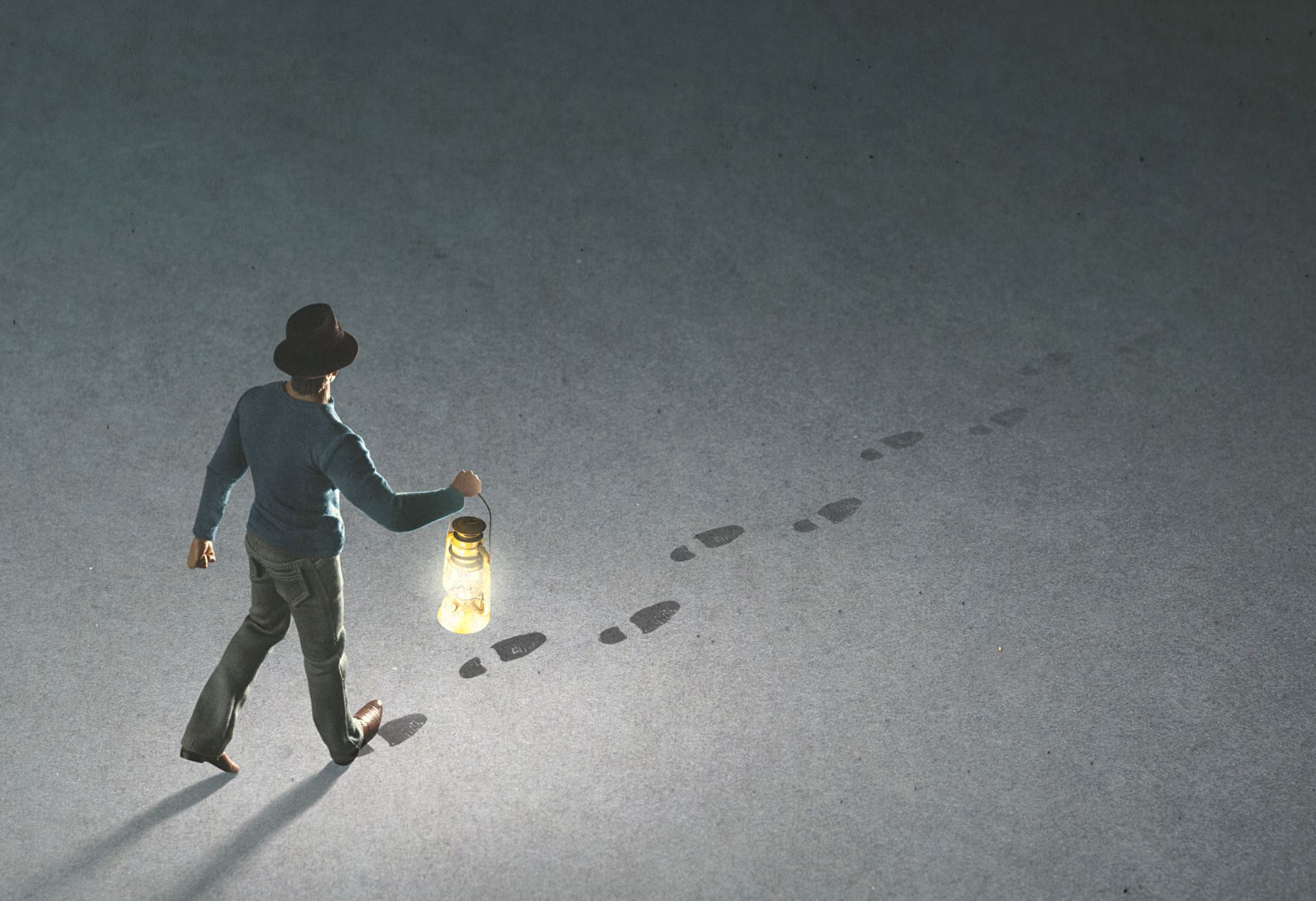 Graphic of a man following in someone's footsteps and holding a lantern
